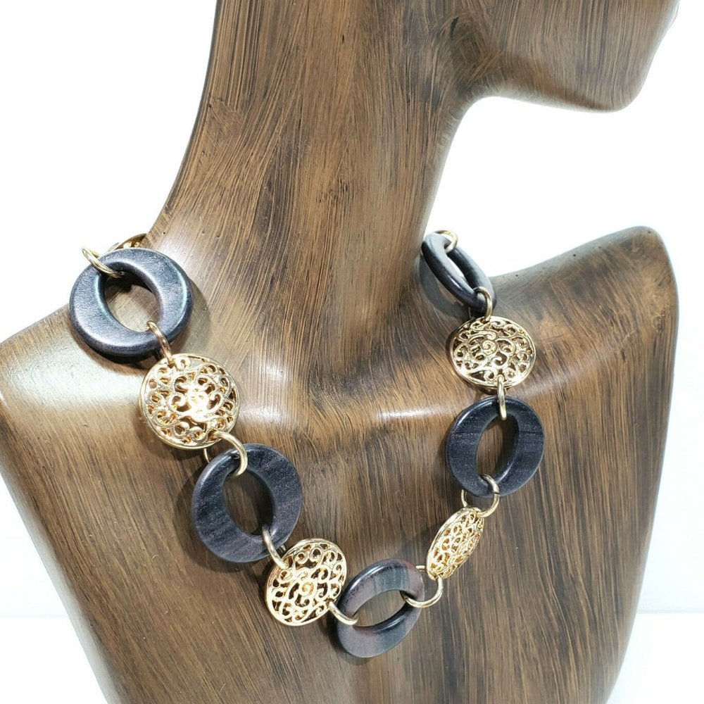 Gold Tone Faux Wood Disks Necklace 30" to 33"